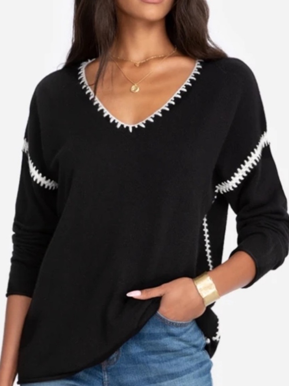 Johnny Was 100% Cashmere Whipstitch Sweater Black Contrast Stitch Boho Luxe XS